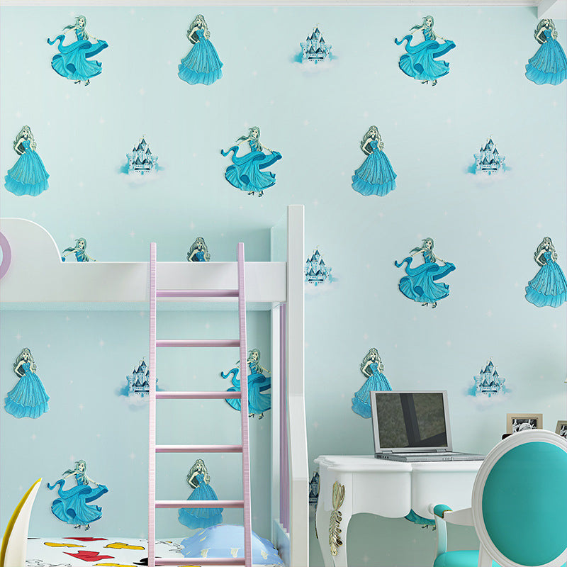 Non-Woven Wallpaper for Children with Cartoon Character of Dancing Girl, 33-foot x 20.5-inch Light Blue Clearhalo 'Wall Decor' 'Wallpaper' 1806408