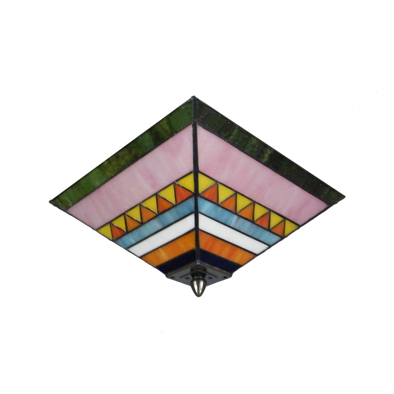 Multicolored Pyramid Flush Ceiling Light Craftsman Stained Glass 2 Bulbs Flush Mount Light for Foyer Clearhalo 'Ceiling Lights' 'Close To Ceiling Lights' 'Close to ceiling' 'Flush mount' Lighting' 180660