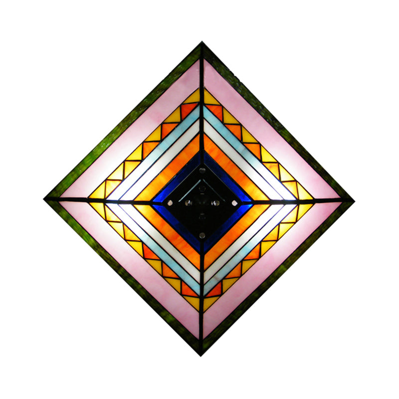 Multicolored Pyramid Flush Ceiling Light Craftsman Stained Glass 2 Bulbs Flush Mount Light for Foyer Clearhalo 'Ceiling Lights' 'Close To Ceiling Lights' 'Close to ceiling' 'Flush mount' Lighting' 180662