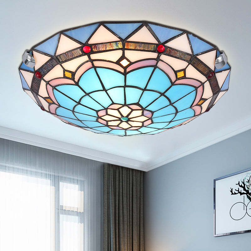 12"/16"/19.5" Wide Baroque Bowl Flush Ceiling Light Stained Glass Indoor Flush Mount Light in Blue/Blue-Brown Blue-Brown Clearhalo 'Ceiling Lights' 'Close To Ceiling Lights' 'Close to ceiling' 'Flush mount' Lighting' 180686