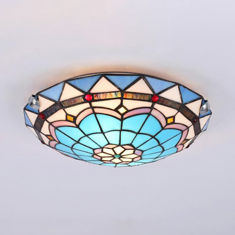 12"/16"/19.5" Wide Baroque Bowl Flush Ceiling Light Stained Glass Indoor Flush Mount Light in Blue/Blue-Brown Clearhalo 'Ceiling Lights' 'Close To Ceiling Lights' 'Close to ceiling' 'Flush mount' Lighting' 180687