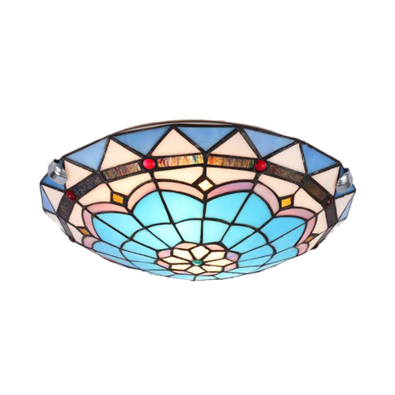 12"/16"/19.5" Wide Baroque Bowl Flush Ceiling Light Stained Glass Indoor Flush Mount Light in Blue/Blue-Brown Clearhalo 'Ceiling Lights' 'Close To Ceiling Lights' 'Close to ceiling' 'Flush mount' Lighting' 180688