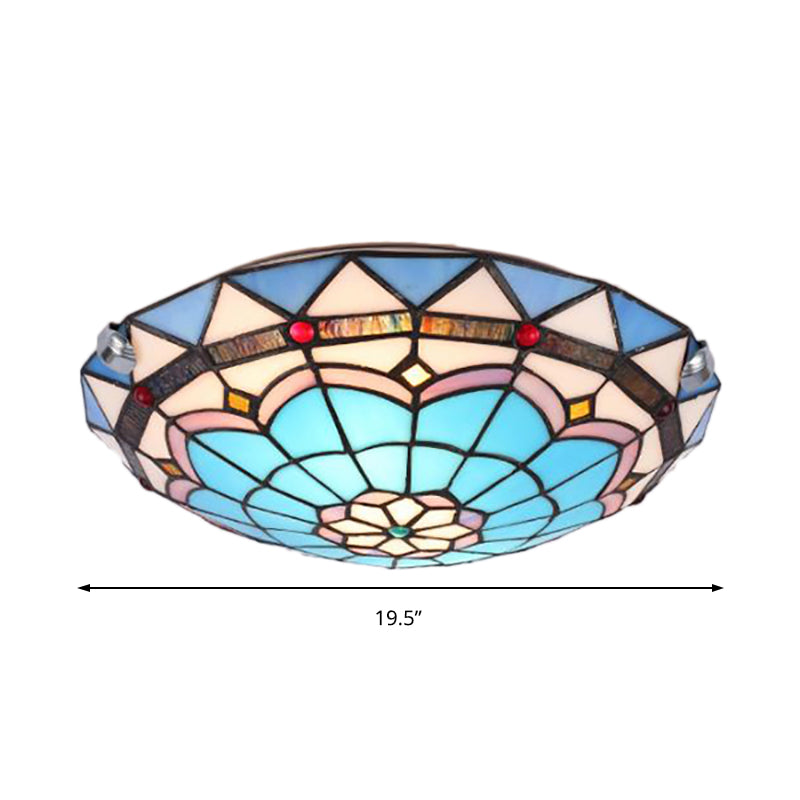 12"/16"/19.5" Wide Baroque Bowl Flush Ceiling Light Stained Glass Indoor Flush Mount Light in Blue/Blue-Brown Clearhalo 'Ceiling Lights' 'Close To Ceiling Lights' 'Close to ceiling' 'Flush mount' Lighting' 180689