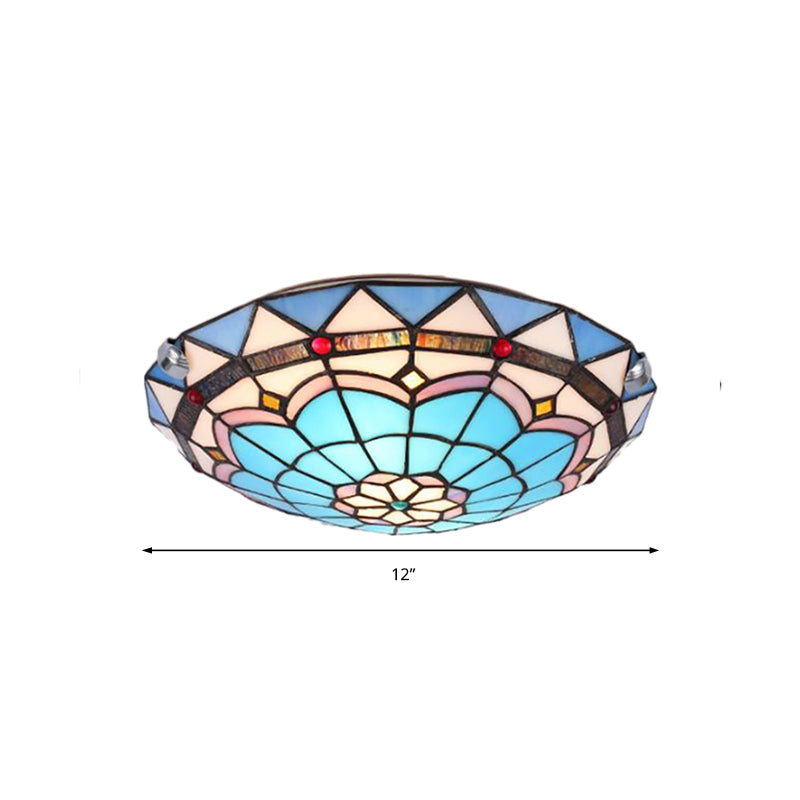 12"/16"/19.5" Wide Baroque Bowl Flush Ceiling Light Stained Glass Indoor Flush Mount Light in Blue/Blue-Brown Clearhalo 'Ceiling Lights' 'Close To Ceiling Lights' 'Close to ceiling' 'Flush mount' Lighting' 180691