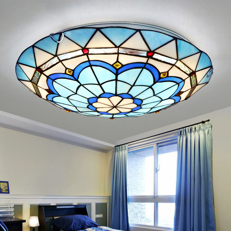 12"/16"/19.5" Wide Baroque Bowl Flush Ceiling Light Stained Glass Indoor Flush Mount Light in Blue/Blue-Brown Blue Clearhalo 'Ceiling Lights' 'Close To Ceiling Lights' 'Close to ceiling' 'Flush mount' Lighting' 180692