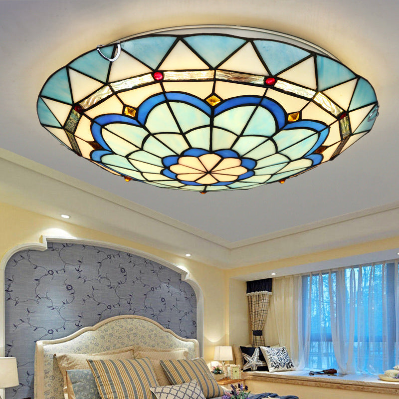 12"/16"/19.5" Wide Baroque Bowl Flush Ceiling Light Stained Glass Indoor Flush Mount Light in Blue/Blue-Brown Clearhalo 'Ceiling Lights' 'Close To Ceiling Lights' 'Close to ceiling' 'Flush mount' Lighting' 180693