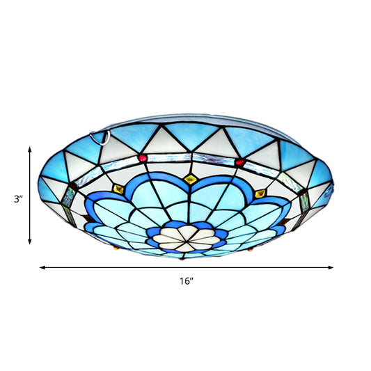 12"/16"/19.5" Wide Baroque Bowl Flush Ceiling Light Stained Glass Indoor Flush Mount Light in Blue/Blue-Brown Clearhalo 'Ceiling Lights' 'Close To Ceiling Lights' 'Close to ceiling' 'Flush mount' Lighting' 180695