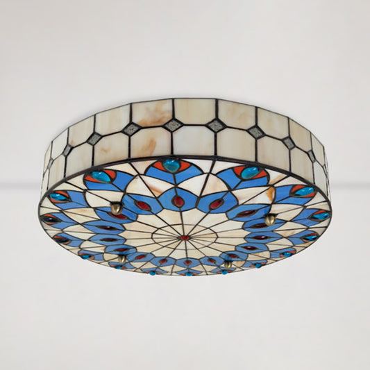 16"/18" W Round Shade Flushmount Tiffany Blue Flush Ceiling Light with Peacock Design for Restaurant Clearhalo 'Ceiling Lights' 'Close To Ceiling Lights' 'Close to ceiling' 'Flush mount' Lighting' 180709