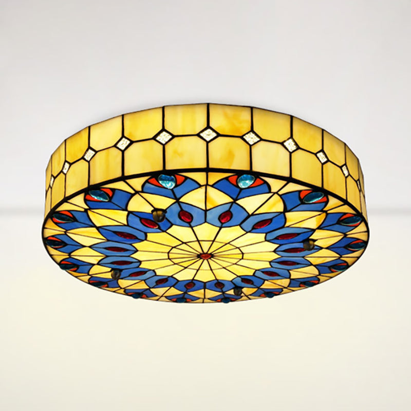 16"/18" W Round Shade Flushmount Tiffany Blue Flush Ceiling Light with Peacock Design for Restaurant Clearhalo 'Ceiling Lights' 'Close To Ceiling Lights' 'Close to ceiling' 'Flush mount' Lighting' 180710