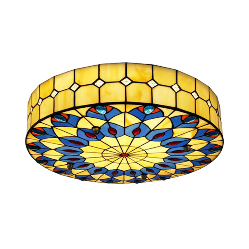 16"/18" W Round Shade Flushmount Tiffany Blue Flush Ceiling Light with Peacock Design for Restaurant Clearhalo 'Ceiling Lights' 'Close To Ceiling Lights' 'Close to ceiling' 'Flush mount' Lighting' 180711