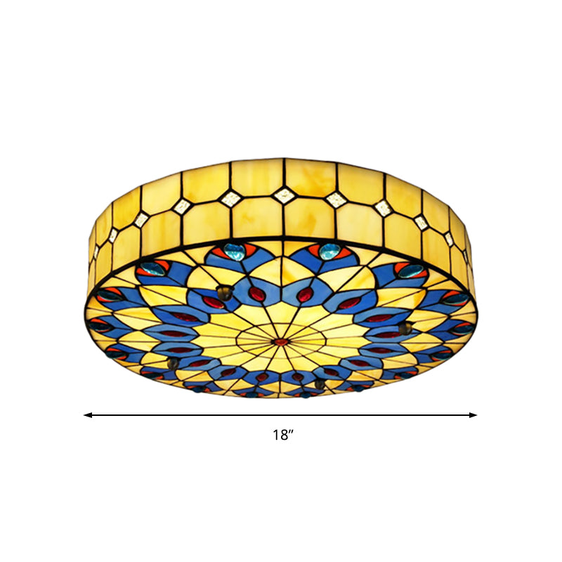 16"/18" W Round Shade Flushmount Tiffany Blue Flush Ceiling Light with Peacock Design for Restaurant Clearhalo 'Ceiling Lights' 'Close To Ceiling Lights' 'Close to ceiling' 'Flush mount' Lighting' 180712