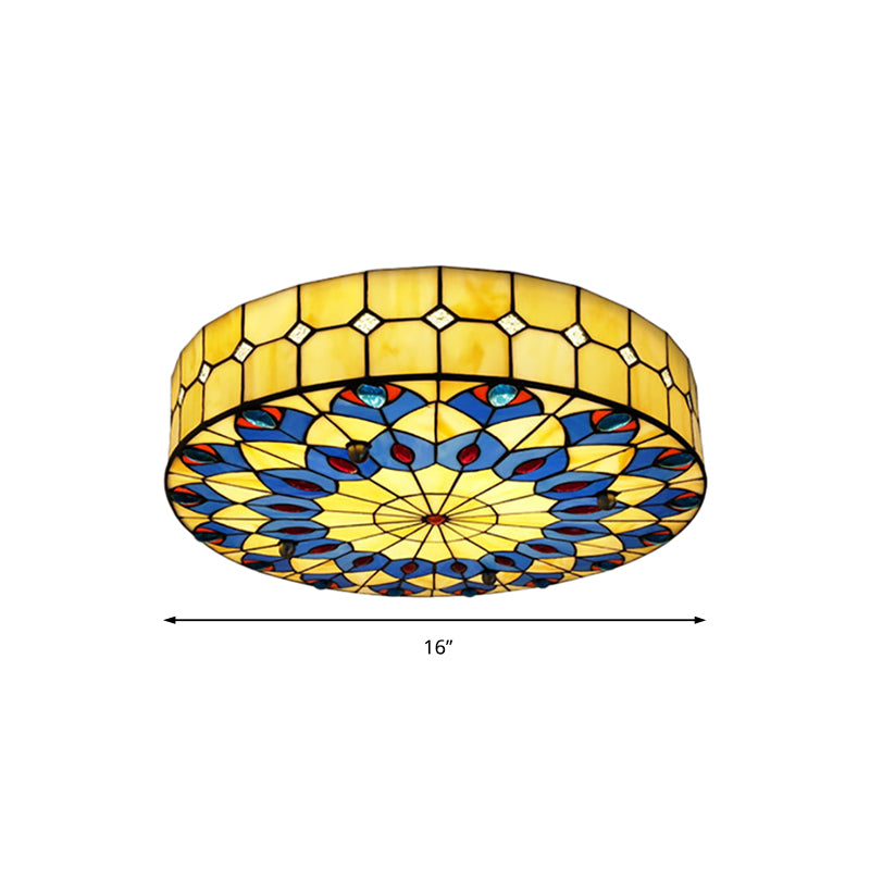 16"/18" W Round Shade Flushmount Tiffany Blue Flush Ceiling Light with Peacock Design for Restaurant Clearhalo 'Ceiling Lights' 'Close To Ceiling Lights' 'Close to ceiling' 'Flush mount' Lighting' 180713