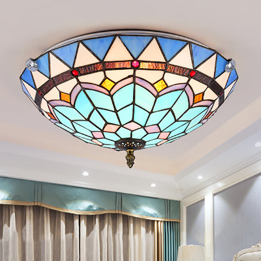 12"/19.5" W Bowl Flush Ceiling Light Baroque Style Blue Glass Flush Mount Light for Living Room Blue Clearhalo 'Ceiling Lights' 'Close To Ceiling Lights' 'Close to ceiling' 'Flush mount' Lighting' 180723