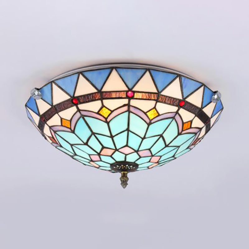 12"/19.5" W Bowl Flush Ceiling Light Baroque Style Blue Glass Flush Mount Light for Living Room Clearhalo 'Ceiling Lights' 'Close To Ceiling Lights' 'Close to ceiling' 'Flush mount' Lighting' 180724