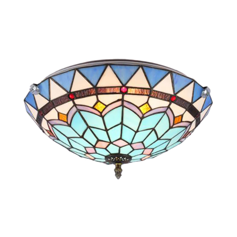 12"/19.5" W Bowl Flush Ceiling Light Baroque Style Blue Glass Flush Mount Light for Living Room Clearhalo 'Ceiling Lights' 'Close To Ceiling Lights' 'Close to ceiling' 'Flush mount' Lighting' 180725