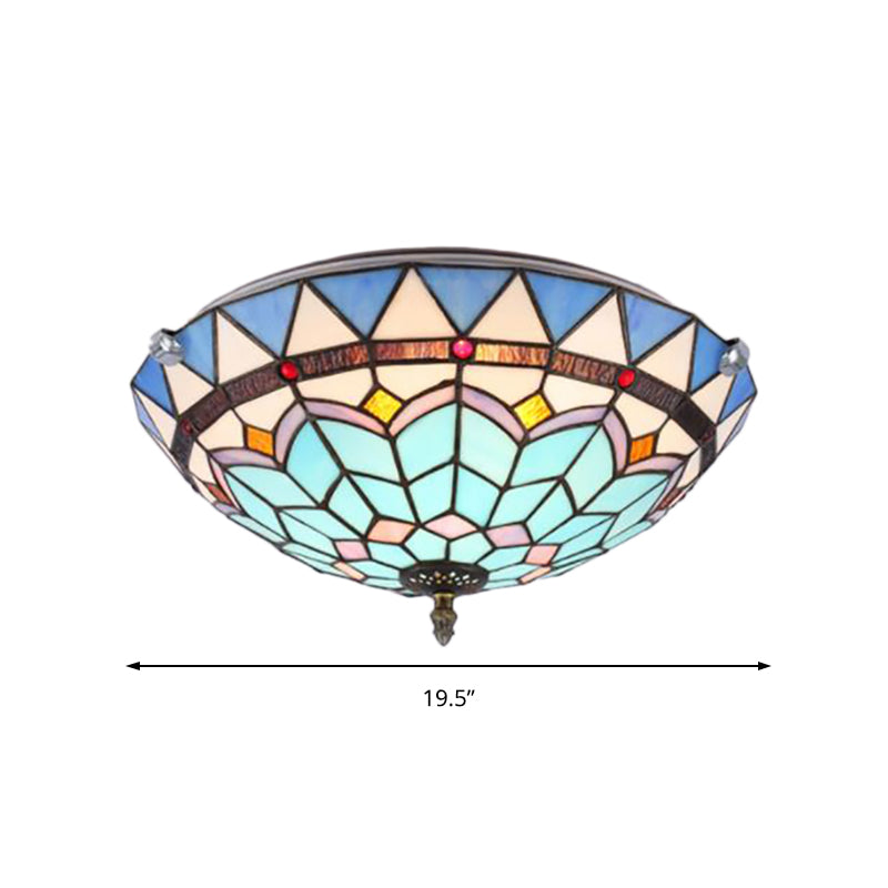 12"/19.5" W Bowl Flush Ceiling Light Baroque Style Blue Glass Flush Mount Light for Living Room Clearhalo 'Ceiling Lights' 'Close To Ceiling Lights' 'Close to ceiling' 'Flush mount' Lighting' 180726