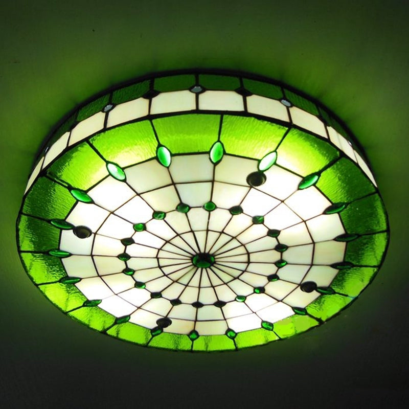 Green Round Ceiling Light Fixture Retro Style Stained Glass 3 Lights Flush Mount Ceiling Fixture Green Clearhalo 'Ceiling Lights' 'Close To Ceiling Lights' 'Close to ceiling' 'Flush mount' Lighting' 180730