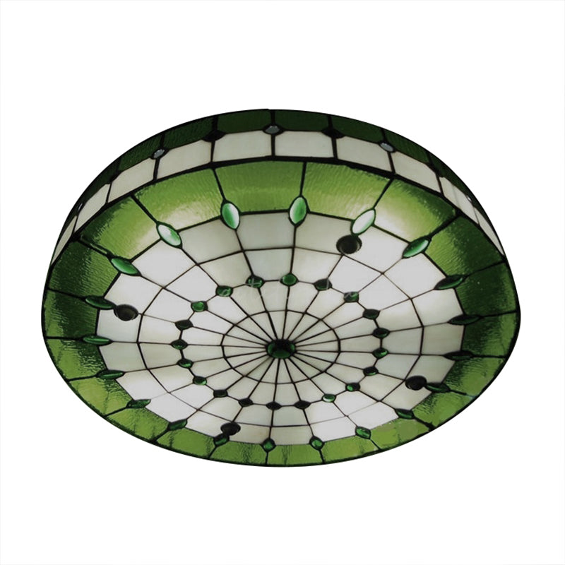 Green Round Ceiling Light Fixture Retro Style Stained Glass 3 Lights Flush Mount Ceiling Fixture Clearhalo 'Ceiling Lights' 'Close To Ceiling Lights' 'Close to ceiling' 'Flush mount' Lighting' 180732