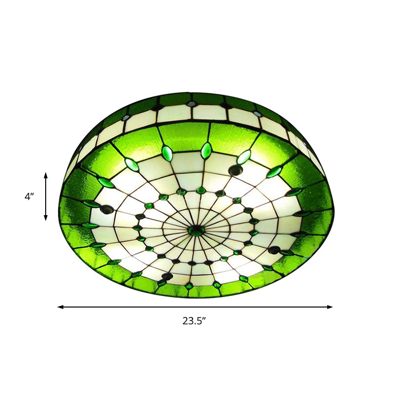 Green Round Ceiling Light Fixture Retro Style Stained Glass 3 Lights Flush Mount Ceiling Fixture Clearhalo 'Ceiling Lights' 'Close To Ceiling Lights' 'Close to ceiling' 'Flush mount' Lighting' 180733