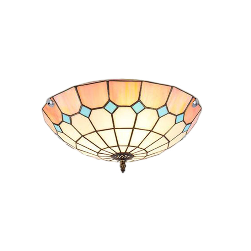 12"/16"/19.5" Wide Living Room Flush Light with Grid Glass Bowl Shade Tiffany Ceiling Light Fixture in Pink for Bedroom Clearhalo 'Ceiling Lights' 'Close To Ceiling Lights' 'Close to ceiling' 'Flush mount' Lighting' 180736