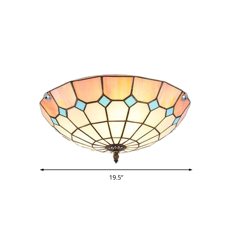 12"/16"/19.5" Wide Living Room Flush Light with Grid Glass Bowl Shade Tiffany Ceiling Light Fixture in Pink for Bedroom Clearhalo 'Ceiling Lights' 'Close To Ceiling Lights' 'Close to ceiling' 'Flush mount' Lighting' 180737