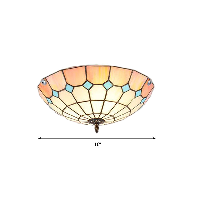 12"/16"/19.5" Wide Living Room Flush Light with Grid Glass Bowl Shade Tiffany Ceiling Light Fixture in Pink for Bedroom Clearhalo 'Ceiling Lights' 'Close To Ceiling Lights' 'Close to ceiling' 'Flush mount' Lighting' 180738