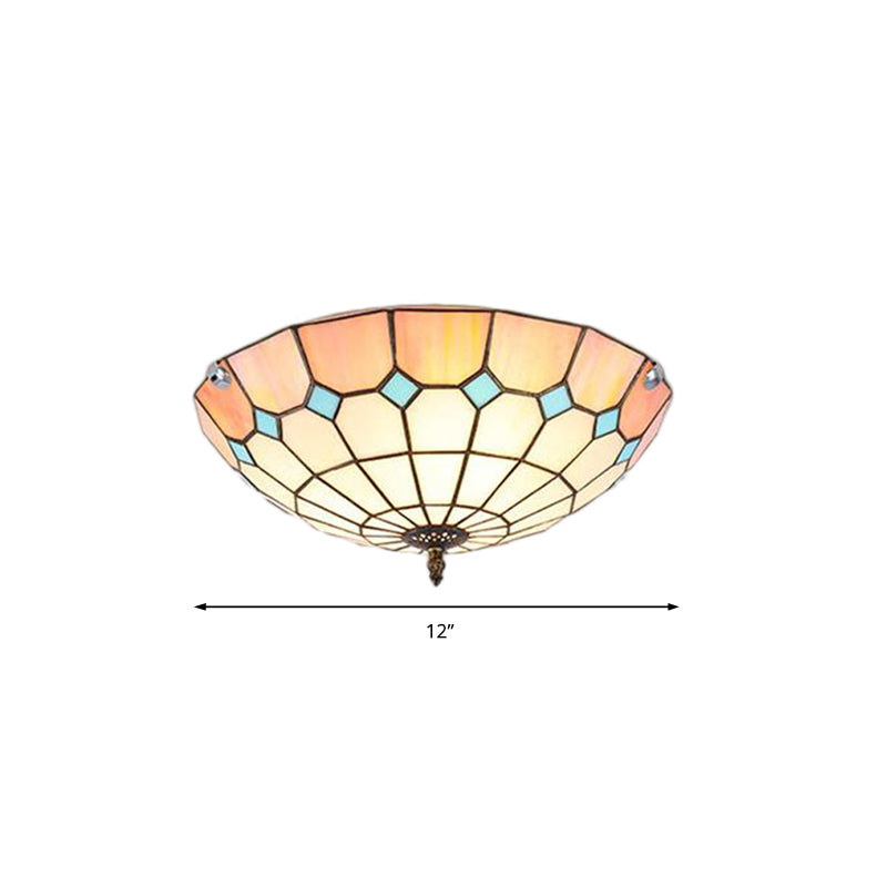 12"/16"/19.5" Wide Living Room Flush Light with Grid Glass Bowl Shade Tiffany Ceiling Light Fixture in Pink for Bedroom Clearhalo 'Ceiling Lights' 'Close To Ceiling Lights' 'Close to ceiling' 'Flush mount' Lighting' 180739