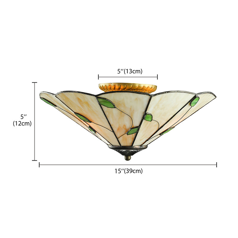 Geometric Ceiling Light Tiffany Stained Glass 3 Lights Flush Mount Ceiling Light with Leaf Theme in White/Beige Clearhalo 'Ceiling Lights' 'Close To Ceiling Lights' 'Close to ceiling' 'Glass shade' 'Glass' 'Semi-flushmount' 'Tiffany close to ceiling' 'Tiffany' Lighting' 180752