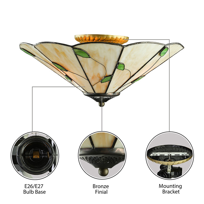 Geometric Ceiling Light Tiffany Stained Glass 3 Lights Flush Mount Ceiling Light with Leaf Theme in White/Beige Clearhalo 'Ceiling Lights' 'Close To Ceiling Lights' 'Close to ceiling' 'Glass shade' 'Glass' 'Semi-flushmount' 'Tiffany close to ceiling' 'Tiffany' Lighting' 180753