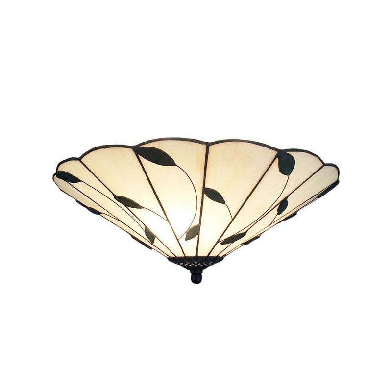 Geometric Ceiling Light Tiffany Stained Glass 3 Lights Flush Mount Ceiling Light with Leaf Theme in White/Beige Clearhalo 'Ceiling Lights' 'Close To Ceiling Lights' 'Close to ceiling' 'Glass shade' 'Glass' 'Semi-flushmount' 'Tiffany close to ceiling' 'Tiffany' Lighting' 180757