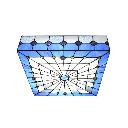 12"/16" W Blue Square Flushmount Light Tiffany Style Stained Glass 1 Light Ceiling Light Fixture for Dining Room Clearhalo 'Ceiling Lights' 'Close To Ceiling Lights' 'Close to ceiling' 'Flush mount' Lighting' 180798