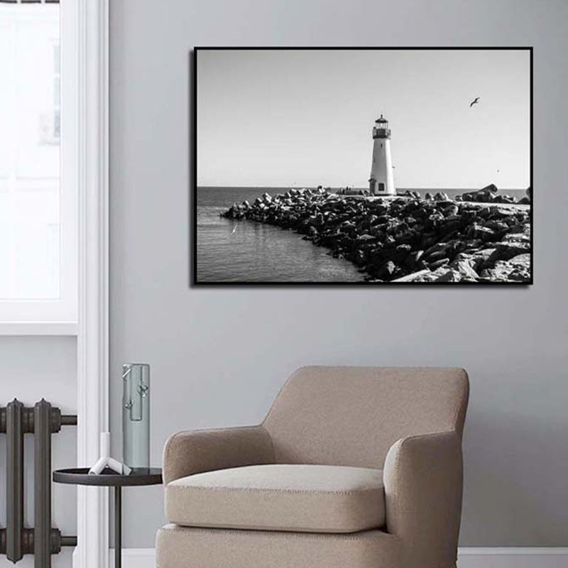 Seaside Building Canvas Art Textured Contemporary Living Room Wall Decor in Grey Dark Gray Clearhalo 'Art Gallery' 'Canvas Art' 'Contemporary Art Gallery' 'Modern' Arts' 1808136