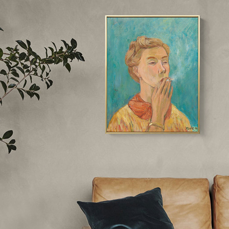 Modern Painting Boy Smoking Canvas Yellow Textured Wall Art Print for Living Room Yellow Clearhalo 'Arts' 'Canvas Art' 1808230