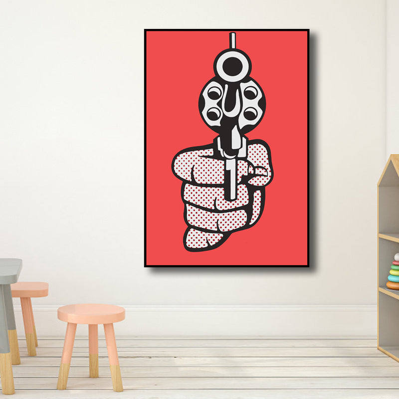 Holding Gun Gesture Pattern Canvas Print Red Pop Art Stylish Wall Decor for Playroom Clearhalo 'Arts' 'Canvas Art' 1808239