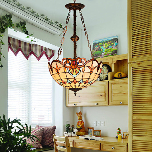 Bowl Ceiling Light Retro Style Stained Glass 3 Heads Semi Flush Ceiling Fixture for Bedroom Lighting Beige Clearhalo 'Ceiling Lights' 'Chandeliers' 'Industrial' 'Middle Century Chandeliers' 'Tiffany Chandeliers' 'Tiffany close to ceiling' 'Tiffany' Lighting' 180835