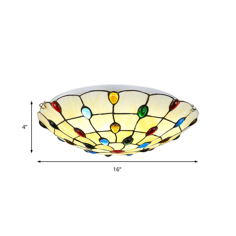 Beige/Yellow Bowl Flush Mount Light Rustic Loft Stained Glass 12"/16"/19.5" W Bedroom Flush Ceiling Light with Jewel Decoration Clearhalo 'Ceiling Lights' 'Close To Ceiling Lights' 'Close to ceiling' 'Glass shade' 'Glass' 'Semi-flushmount' 'Tiffany close to ceiling' 'Tiffany' Lighting' 180872