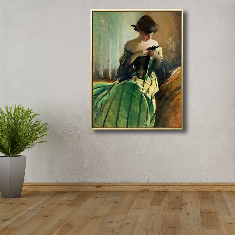 Girl in Green Robe Painting Figure Renaissance Textured Wall Art Decor for Dining Room