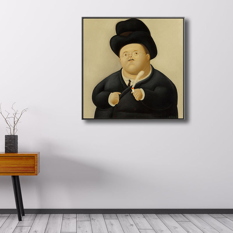 Funny Figure Wall Art House Interior Fernando Botero Drawing Canvas Print in Soft Color Yellow Clearhalo 'Art Gallery' 'Canvas Art' 'Traditional' Arts' 1808936