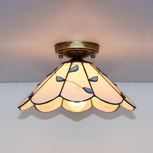 Blue Leaf Flush Mount Lighting Lodge Style Stained Glass Indoor Flush Ceiling Light in White/Clear for Bedroom White Clearhalo 'Ceiling Lights' 'Close To Ceiling Lights' 'Close to ceiling' 'Glass shade' 'Glass' 'Semi-flushmount' 'Tiffany close to ceiling' 'Tiffany' Lighting' 180895