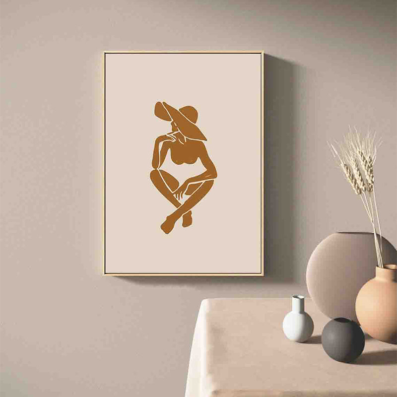 Brown Hatted Girl Art Print Figure Pattern Nordic Textured Wrapped Canvas for Sitting Room Brown Clearhalo 'Arts' 'Canvas Art' 1809060