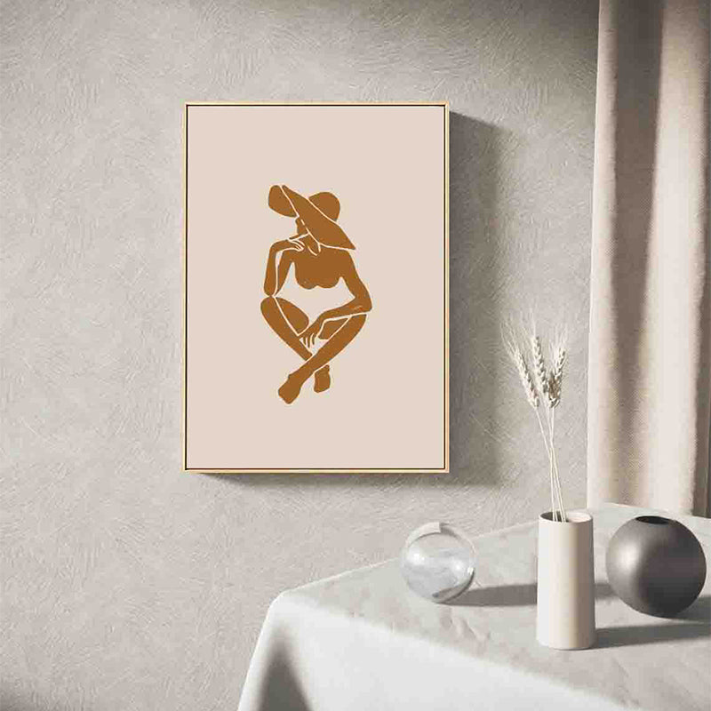 Brown Hatted Girl Art Print Figure Pattern Nordic Textured Wrapped Canvas for Sitting Room Clearhalo 'Arts' 'Canvas Art' 1809061