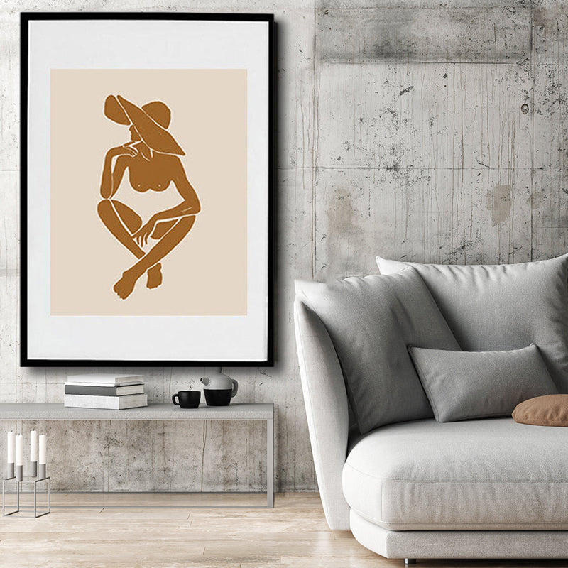 Brown Hatted Girl Art Print Figure Pattern Nordic Textured Wrapped Canvas for Sitting Room Clearhalo 'Arts' 'Canvas Art' 1809062