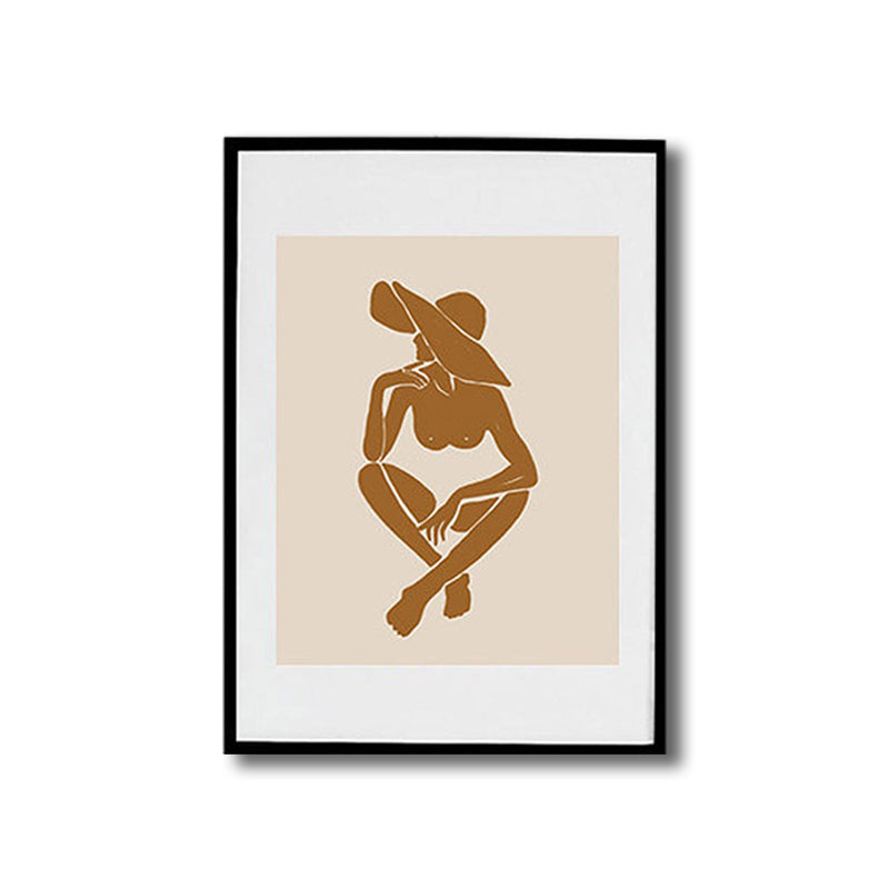 Brown Hatted Girl Art Print Figure Pattern Nordic Textured Wrapped Canvas for Sitting Room Clearhalo 'Arts' 'Canvas Art' 1809063