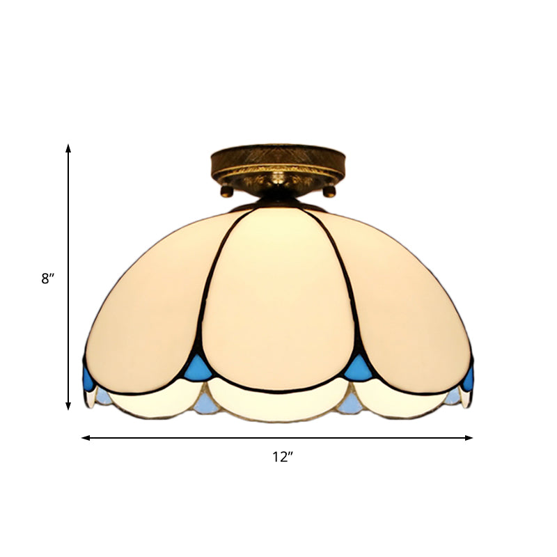 Vintage Scalloped Flush Light Stained Glass 1 Light Flush Mount Light in White/Beige/Blue/Clear/Blue and Clear for Living Room Clearhalo 'Ceiling Lights' 'Close To Ceiling Lights' 'Close to ceiling' 'Glass shade' 'Glass' 'Semi-flushmount' 'Tiffany close to ceiling' 'Tiffany' Lighting' 180950