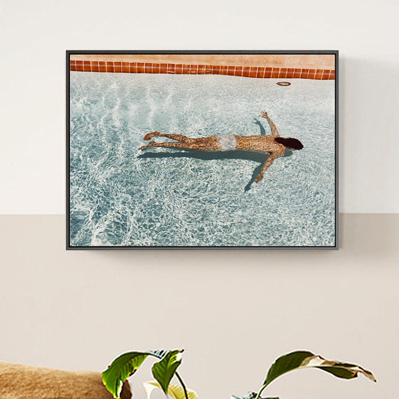 Woman Swimming in Pool Painting Textured Pop Art Girls Bedroom Canvas Print in Blue Blue Clearhalo 'Arts' 'Canvas Art' 1810013