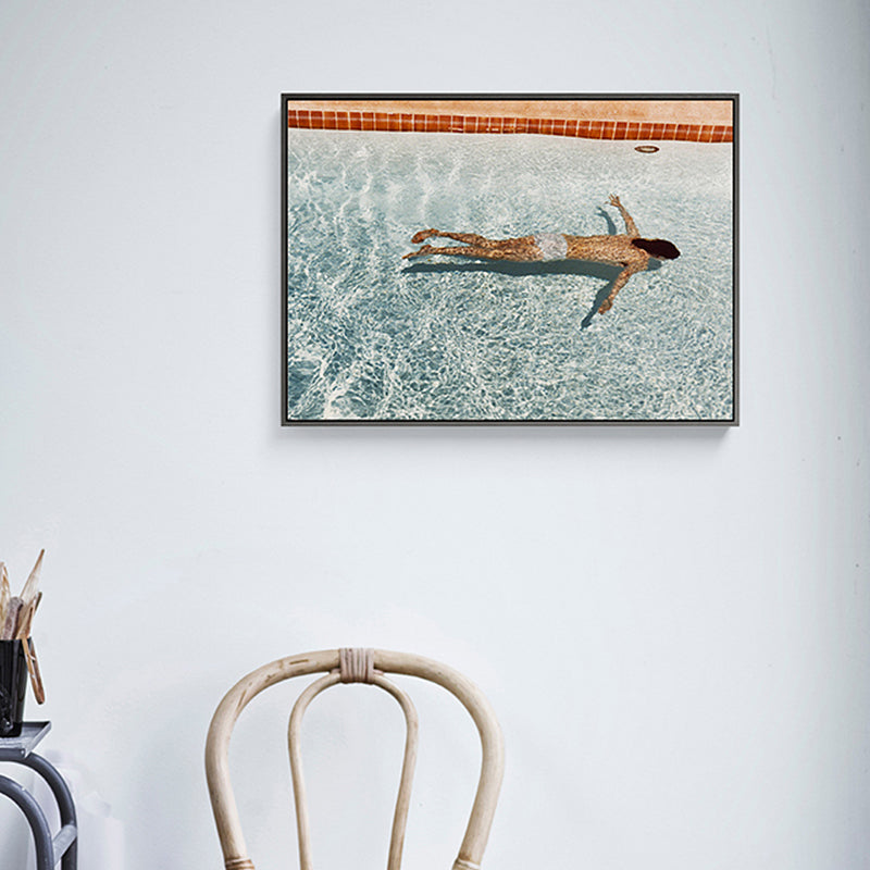 Woman Swimming in Pool Painting Textured Pop Art Girls Bedroom Canvas Print in Blue Clearhalo 'Arts' 'Canvas Art' 1810014