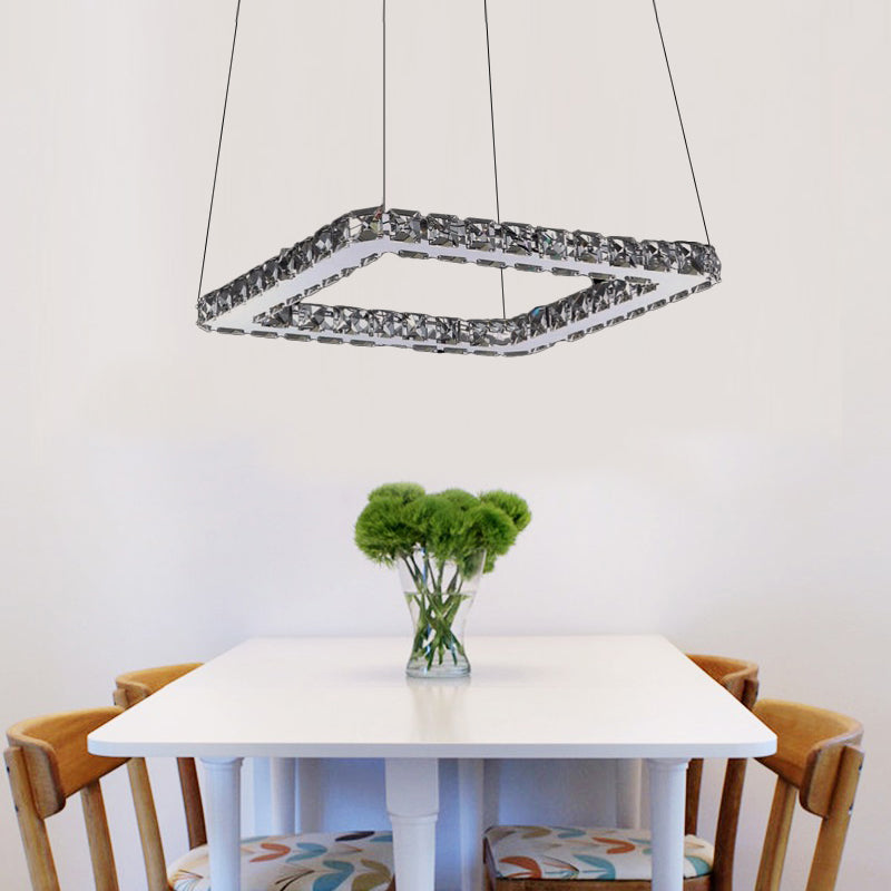 Square Crystal Hanging Pendant Light Modern Chrome LED Chandelier Lamp in Warm/White/Natural Light for Dining Room, 8"/12"/16" Wide Clearhalo 'Ceiling Lights' 'Chandeliers' 'Modern Chandeliers' 'Modern' Lighting' 181008