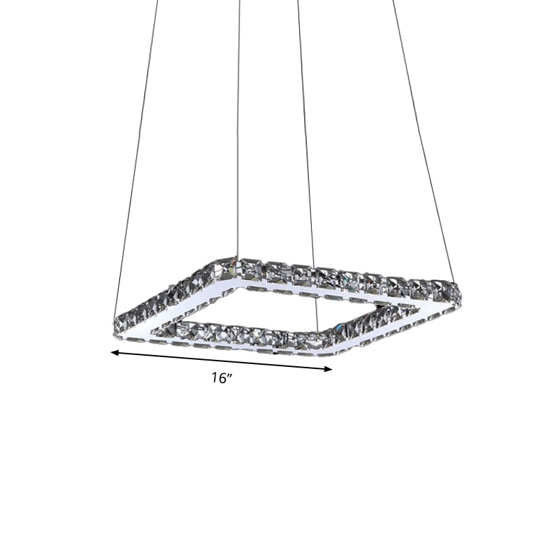 Square Crystal Hanging Pendant Light Modern Chrome LED Chandelier Lamp in Warm/White/Natural Light for Dining Room, 8"/12"/16" Wide Clearhalo 'Ceiling Lights' 'Chandeliers' 'Modern Chandeliers' 'Modern' Lighting' 181013