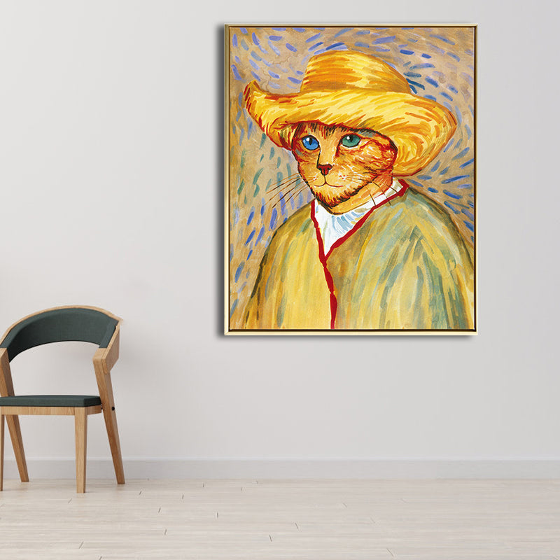 Mixed Media Modern Art Print with Spoof Van Gogh Self Portrait Pattern in Dark Color Yellow Clearhalo 'Arts' 'Canvas Art' 1810377