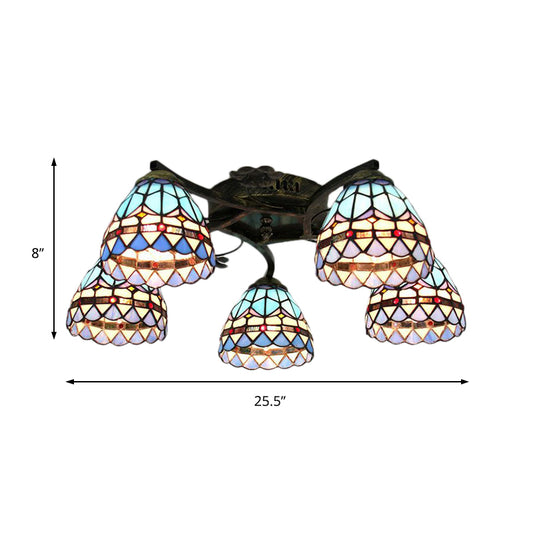 Stained Glass Bowl Ceiling Light 5 Lights Baroque Semi Flush Lighting in Blue for Dining Room Clearhalo 'Ceiling Lights' 'Close To Ceiling Lights' 'Close to ceiling' 'Glass shade' 'Glass' 'Semi-flushmount' 'Tiffany close to ceiling' 'Tiffany' Lighting' 181044